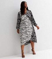 New Look Curves Black Zebra Print Satin Long Sleeve Midi Wrap Dress